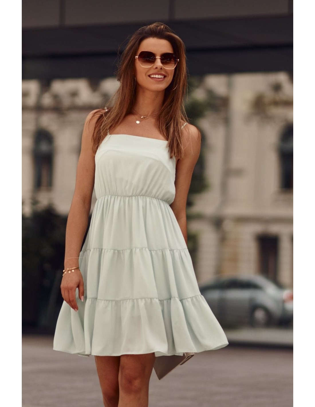 Kleid mit dünnen Trägern und Rüschen, Mint PR3214 – Online-Shop – Boutique